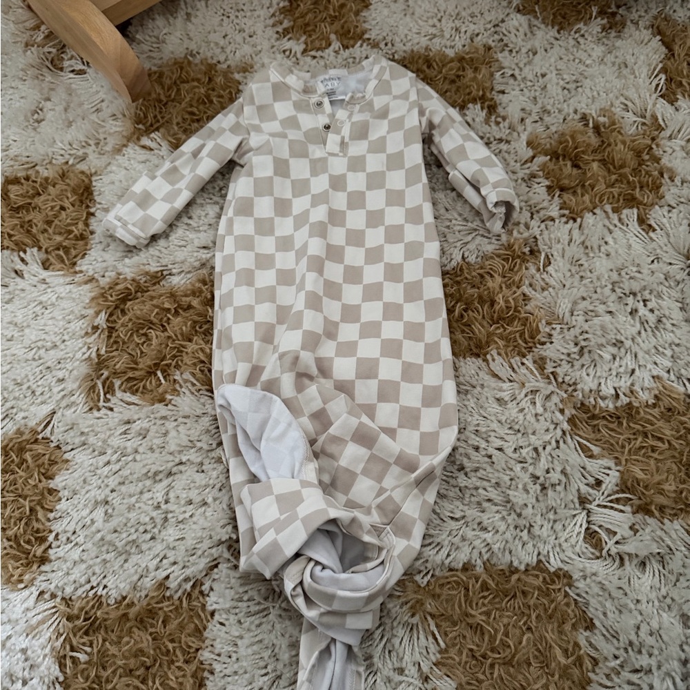 Mebie baby Checkered Beige knot gown One Piece